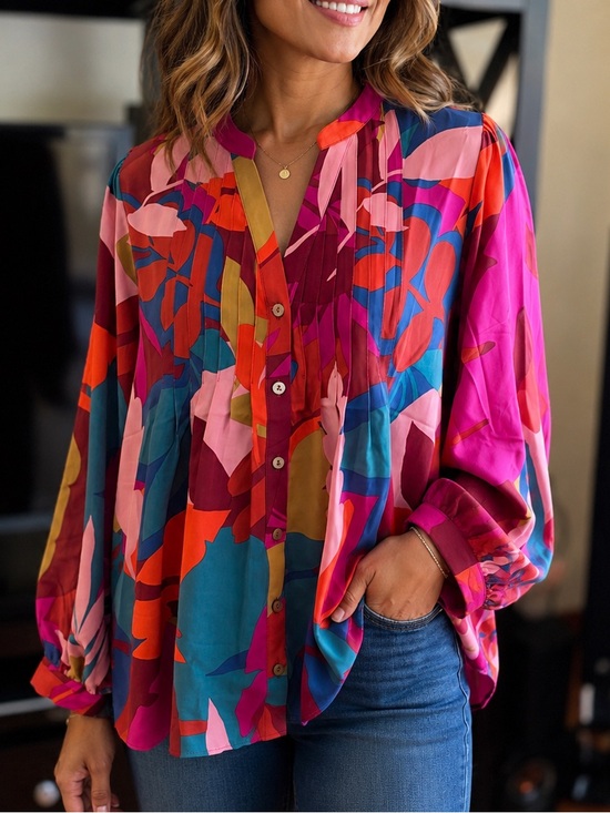 easel Tops - easel Boho Multi-Abstract Leaf Print Button-Front Blouse